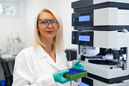 Technician preparing liquid samples for separation and analysis with HPLC.