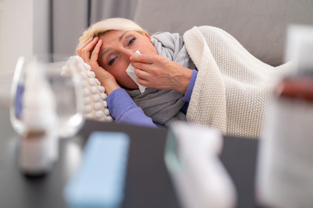 Blonde middle aged woman lying on a sofa in a cozy room feeling unwell blowing her nose with tissue while staying at homeの写真素材