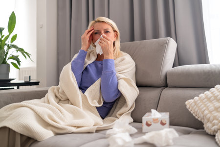 Middle aged blonde woman sitting on couch at home, holding her head due to headache and feeling unwell from cold or flu.の写真素材