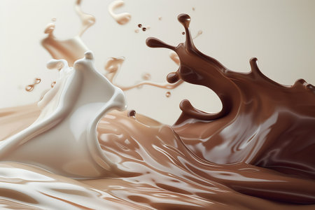 Rich chocolate and creamy textures blend together in a captivating splash, showcasing fluid motion and elegant forms. The combination creates a striking visual experience.の素材