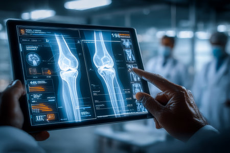 A patient views their knee joint X-ray on a tablet while a healthcare professional explains the results in a modern clinic setting, fostering understanding and care.の素材