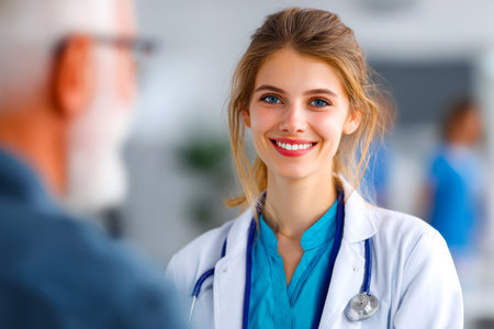 A doctor in a clean clinic smiles warmly at her patient during a routine check-up, holding a stethoscope. The atmosphere is friendly and professional.の素材