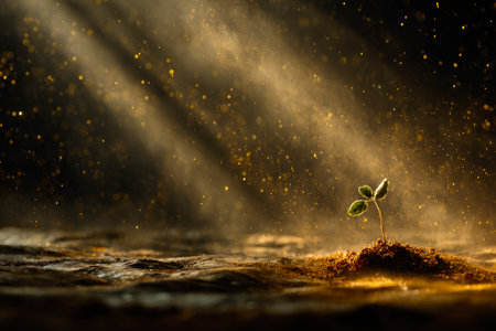 A small seed breaks through the soft soil, starting to grow into a plant. Bright rays of light shine down, creating a magical atmosphere around the sprouting plant.の素材