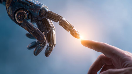 A robot hand extends towards a human finger, ready to make contact, symbolizing the merging of technology and humanity.の素材