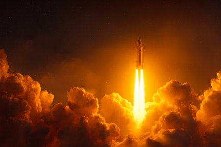 A rocket launches into the night sky, powerful flames bursting behind it, creating a dramatic scene with bright orange light illuminating the surrounding clouds.の素材