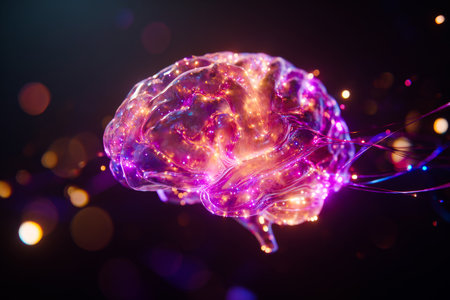A luminous brain composed of bright light particles floats in a dark space, symbolizing innovation and intelligence in a high-tech setting.の素材