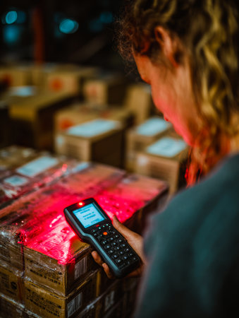 An employee is actively scanning barcodes on stacked boxes in a warehouse. The setting is dimly lit, suggesting an evening work shift focused on inventory.の素材