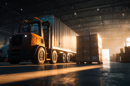 A forklift is placing a pallet of boxes beside a semi-truck inside a warehouse. The warm light of sunset creates a vibrant atmosphere, highlighting the activity.の素材