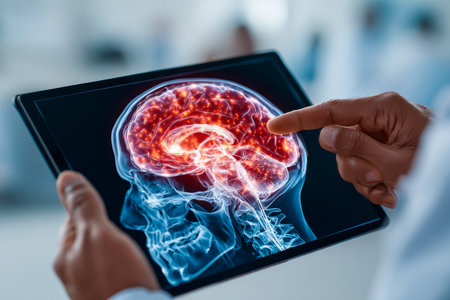 A healthcare professional displays a detailed brain X-ray on a tablet to a patient in a medical office. The setting emphasizes patient education and transparency.の素材