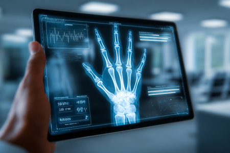 A patient views an X-ray of their hand on a tablet in a clean and modern medical setting, highlighting the examination process with clear visuals and data.の素材