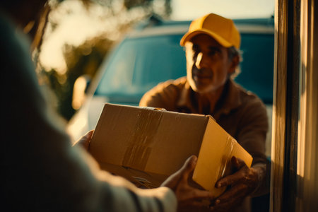 A courier delivers a package to a suburban home, interacting with the recipient as warm light of sunset fills the scene, creating a welcoming atmosphere.の素材