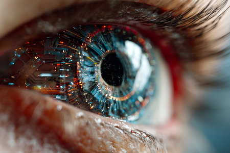 A close view of an eye features vibrant animated holographic elements that resemble intricate circuitry, showcasing a blend of natural and digital art styles.の素材