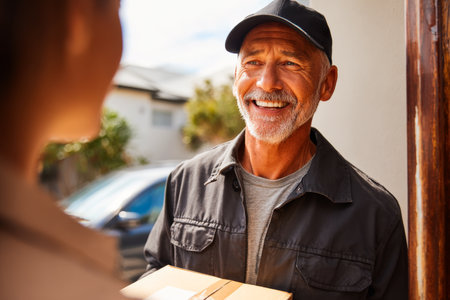 A cheerful man is extending a parcel toward a woman standing at the door of a house. The scene is bright and shows a friendly interaction outdoors during the day.の素材