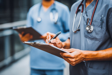 Two healthcare professionals are actively reviewing medical files outdoors in soft daylight. They focus on ensuring accurate patient information.の素材