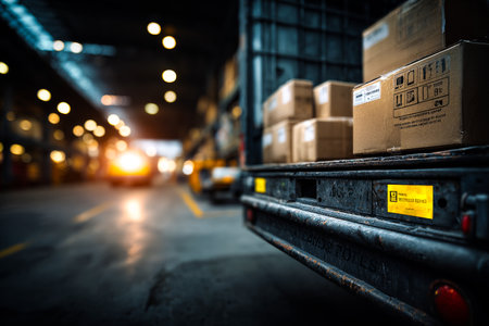 Boxes stacked atop a truck tailgate are highlighted in a dimly lit warehouse. The setting suggests evening, with warm lights glowing in the background.の素材