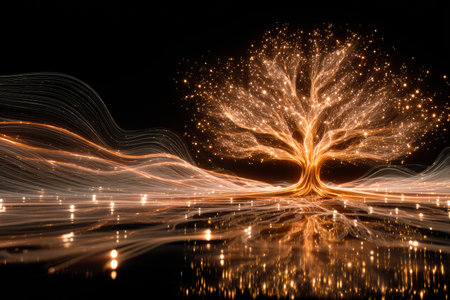 A seed develops into a bright, glowing digital tree surrounded by flowing light waves. This scene evokes a futuristic atmosphere filled with beauty and innovation.の素材