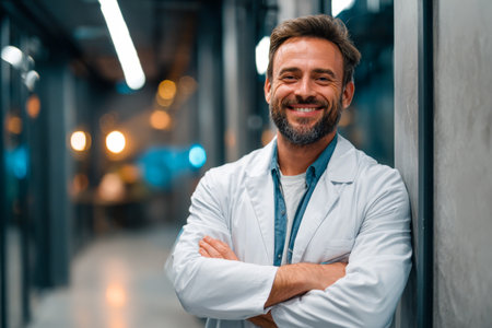 A doctor stands confidently in a hospital corridor, smiling at the camera. Soft, cinematic light enhances the atmosphere of care and professionalism in the space.の素材