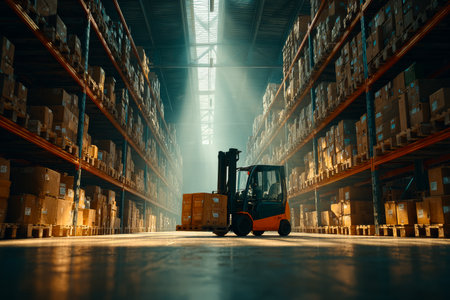 A logistics center features long rows of shelves stacked with packages. A forklift operates efficiently, moving boxes on a bright day, highlighting the active environment.の素材