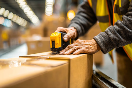 A worker is using tape to seal a cardboard box in a busy warehouse. The scene shows a dedicated effort to package goods for shipment during daytime hours.の素材