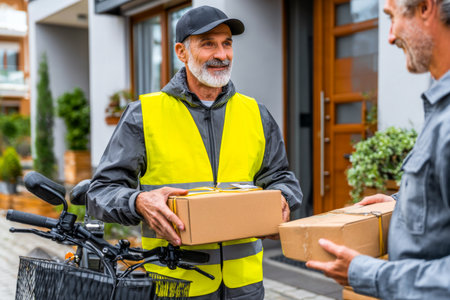 A courier dressed in a reflective vest hands over packages to a recipient in a residential neighborhood. The scene captures a friendly interaction between them.の素材