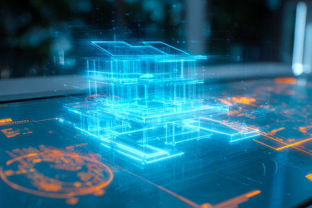 A hologram of a building project is displayed in a sleek, futuristic workspace. Bright lights enhance the digital model, making it striking and interactive.の素材