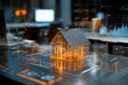 In a modern workspace, an architect uses digital tools to create a detailed 3D model of a house, showcasing innovative design and technology in action.の素材