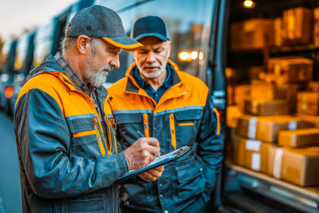 Two delivery workers in orange and gray jackets are standing by their truck. One is holding a digital tablet for customer signatures while discussing with the other.の素材