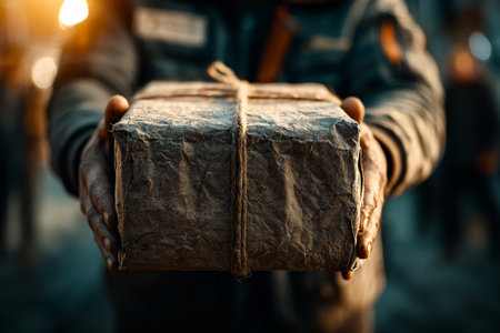 A courier holds a sealed package tightly as he prepares for a delivery. The scene captures the essence of evening hustle in an urban environment with soft lights.の素材