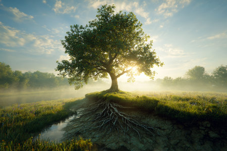 A vibrant tree rises from a tiny seed, thriving in lush grass by a gentle stream under the warm glow of the setting sun. Natures beauty unfolds in peaceful harmony.の素材