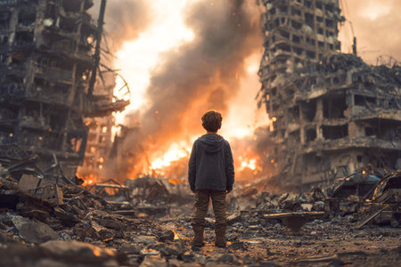 A child stands with his back to the camera, facing a devastated area filled with fire and debris. The scene shows the impact of destruction on innocent lives.の素材