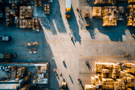 A large logistics yard is bustling with activity. Trucks navigate through pallet stacks while workers manage goods and inventory in the bright daylight.の素材