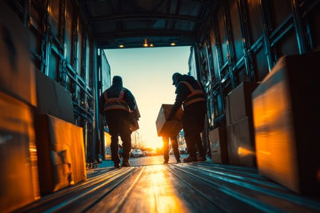 Workers carefully load cardboard boxes into the back of a delivery truck as the sun sets, casting warm light across the busy urban area.の素材