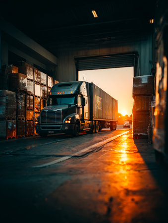 A large truck is parked inside an open loading dock, with boxes stacked around it. The setting sun creates a warm glow, highlighting the scene and adding depth to the surroundings.の素材