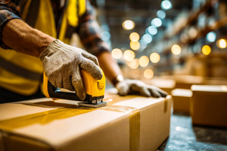 A worker in gloves uses a tape dispenser to seal a cardboard box in a bustling warehouse filled with packaged goods and warm lighting.の素材