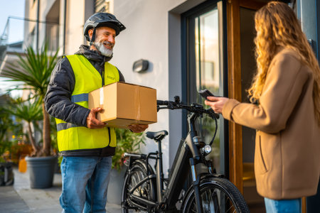 A courier in a reflective vest hands a small package to a woman at her doorstep. A bicycle is next to him in a well-kept urban neighborhood.の素材