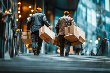 Two couriers transport large boxes together up a flight of stairs in a bustling city. They work efficiently, focused on their delivery task during the day.の素材
