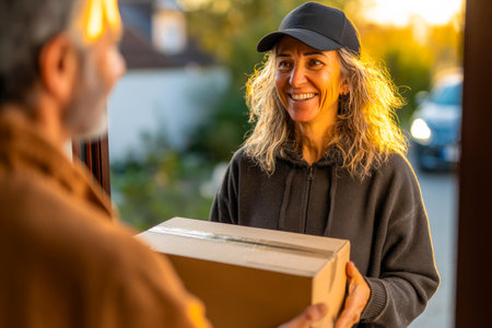 A delivery person smiles as they extend a parcel towards a woman standing at the door. The warm sunlight creates a cheerful atmosphere during early evening.の素材