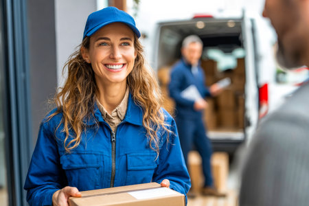 A friendly courier in a blue uniform stands outside a modern structure, handing over a package with a smile while another person prepares in the background.の素材