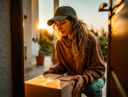 A courier kneels to leave a package on a doorstep. The sun is setting, casting a warm glow on the scene, highlighting the moment of delivery.の素材
