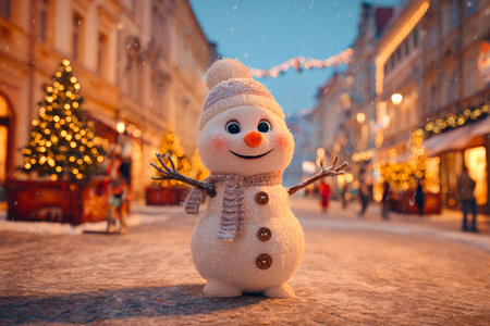 A cheerful snowman greets visitors on a snowy pedestrian street, surrounded by festive decorations and warm lights as evening falls.の素材
