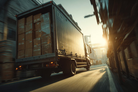 A delivery truck is leaving the warehouse with boxes clearly visible in the back. The sun is rising, creating a warm glow in the early morning setting.の素材