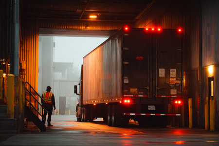 A truck is backing up to a loading dock, its reverse lights shining brightly. The scene is set in the early morning with a dimly lit background, creating a busy atmosphere.の素材