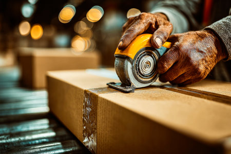 In a warehouse, a worker uses a tool to seal a cardboard box with tape. The atmosphere is lively as items are being prepared for shipment.の素材