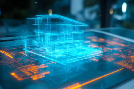 A futuristic interior reveals a glowing hologram of a multi-level building, surrounded by digital interface elements.の素材