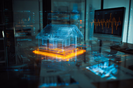 An architects workspace features a holographic house model surrounded by digital designs and data screens. The setting is illuminated by evening light, enhancing creativity.の素材
