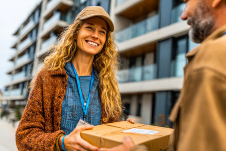 A person with curly hair hands a small package to a young recipient with a smile outside modern buildings on a cloudy day.の素材
