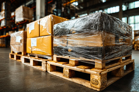 Stacks of boxes wrapped in plastic are lined up on wooden pallets, prepared for shipment in a busy warehouse setting during daylight hours.の素材