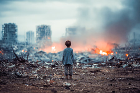 A child stands with his back to the camera, looking towards a scene of devastation filled with smoke and flames. The sky darkens as night approaches.の素材