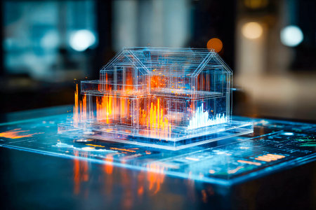 A detailed holographic model of a contemporary house is projected in a tech-driven environment, displaying vibrant design elements and structural features.の素材
