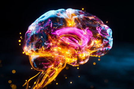 This animation showcases a brain crafted from transparent glass, glowing with vibrant colors and lights against a dark background, illustrating creativity and intelligence.の素材